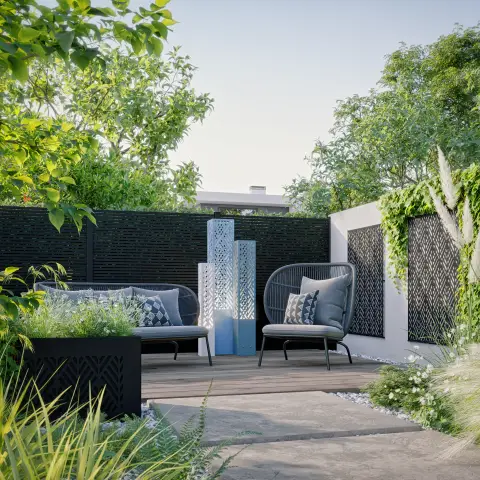 terrasse avec salon extérieur et luminaires extérieurs