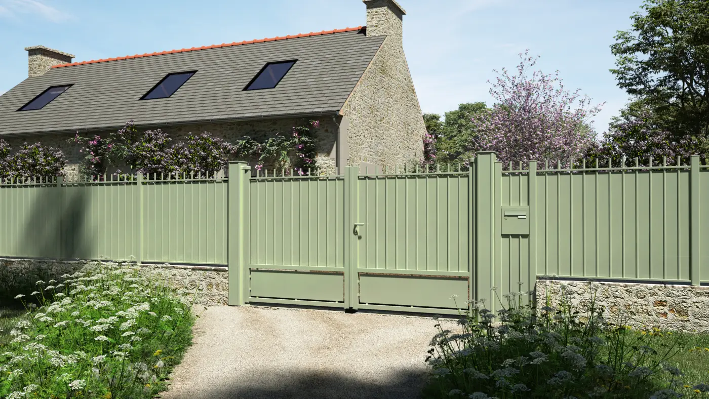 Portail battant aluminium Moncontour Kostum 6021 clôture Roscanvel boîte aux lettres