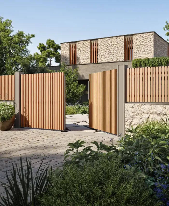 Portail battant aluminium Ganit Kostum chêne irlandais