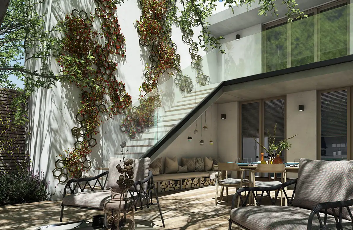 Treillis végétalisable Apis avec garde-corps Aziliz près d'un escalier