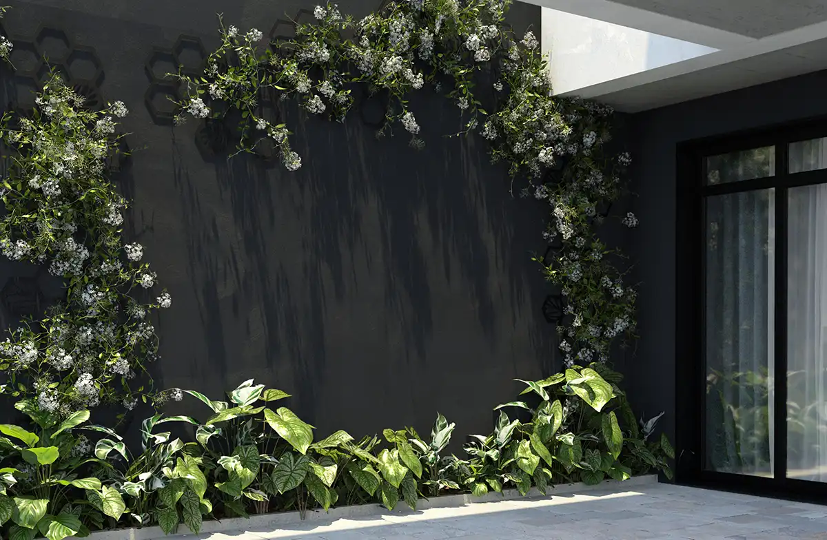 Treillis végétalisable Apis sur mur sombre avec plantes grimpantes