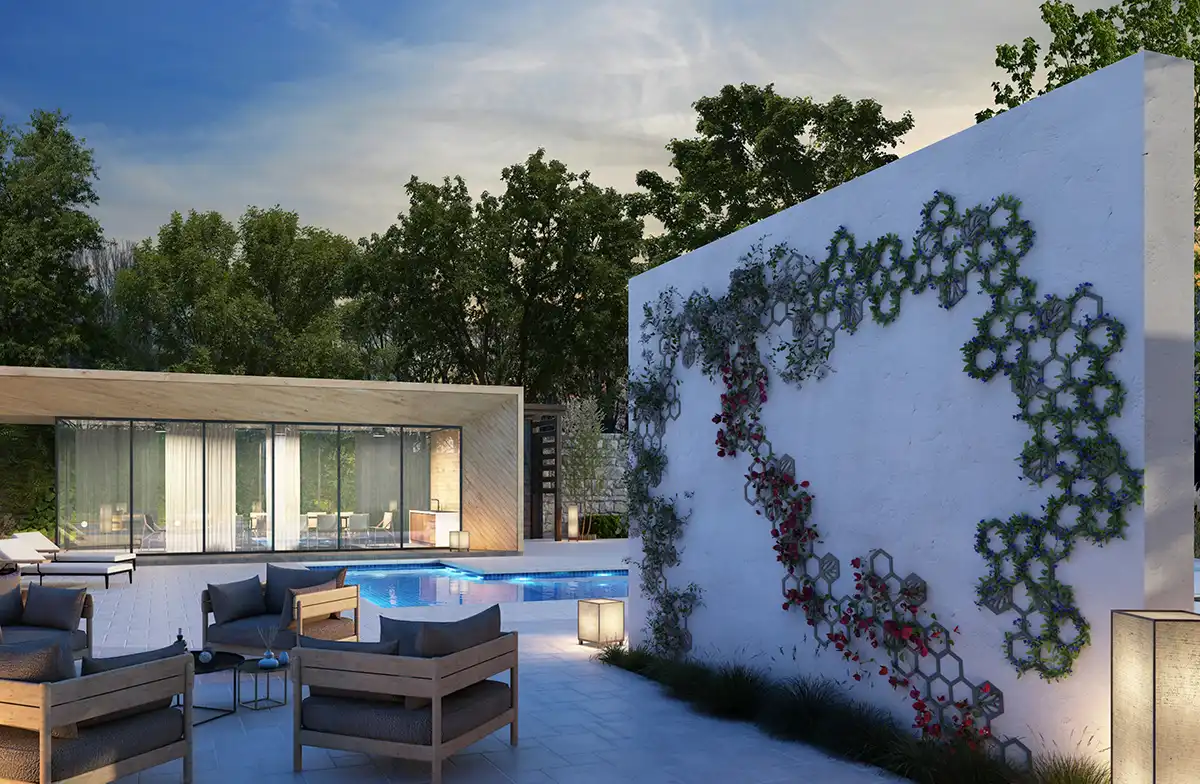 Treillis végétalisable Apis gris RAL 7045 au bord de piscine