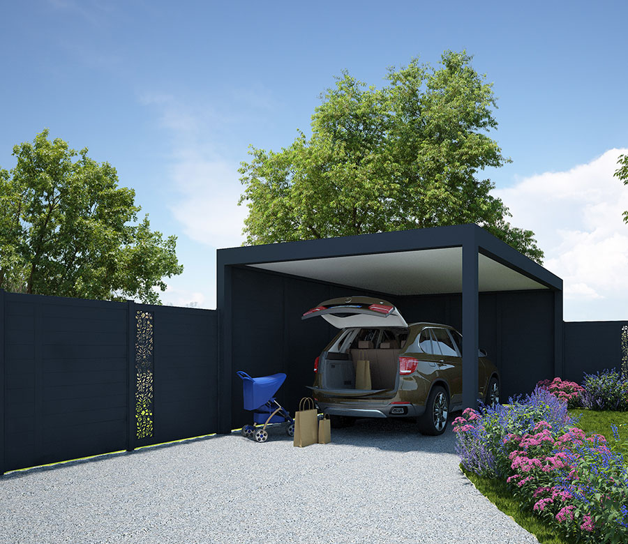Carport en aluminium avec clôture intégrée Trevor par Kostum Carport en aluminium avec clôture intégrée Trevor par Kostum
