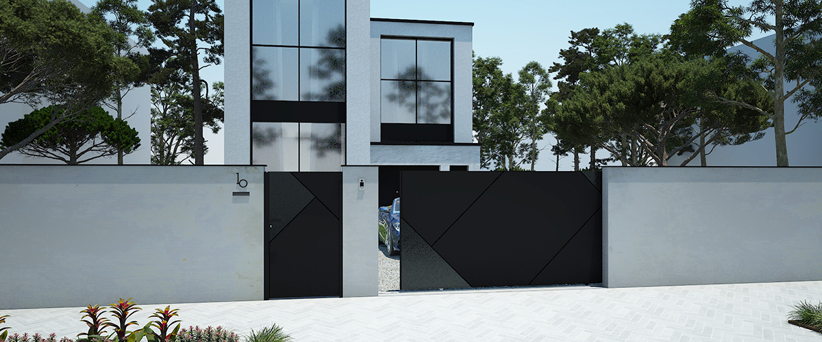 Portail Edda de la marque Kostum. Portail en aluminium moderne qui se décline en ouverture battante ou coulissante et dans plus de 25 coloris standards.